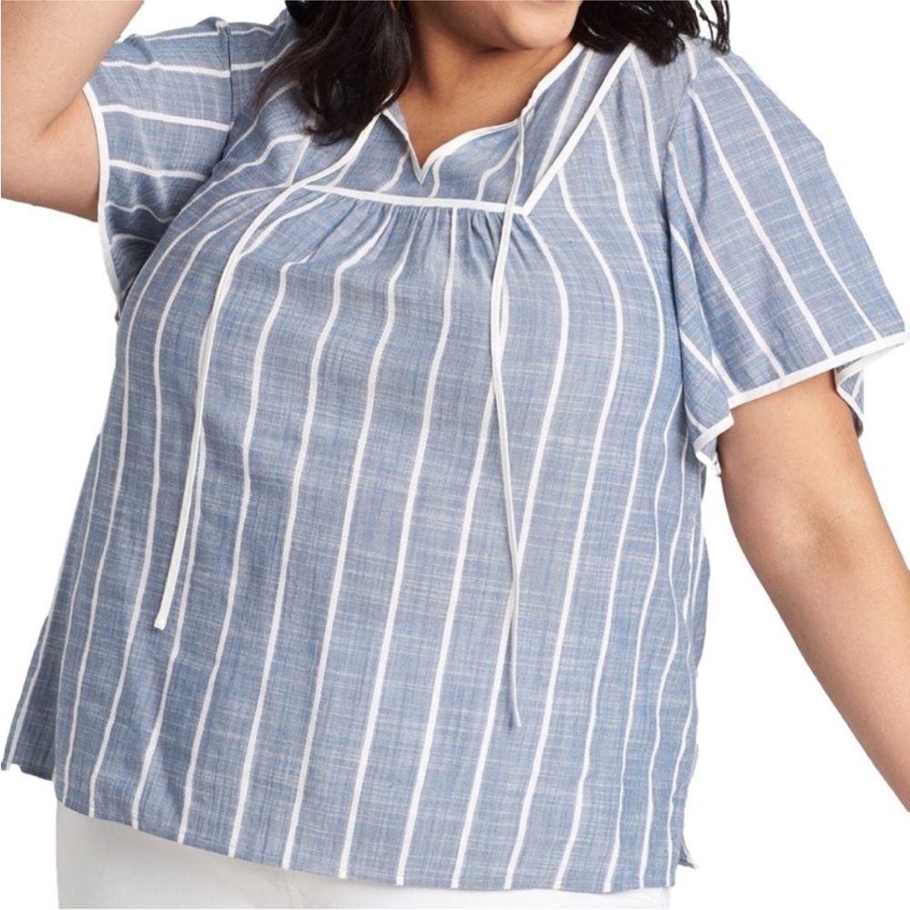 Lane Bryant Striped Linen Tie Neck Flutter Sleeve Top, Size 20